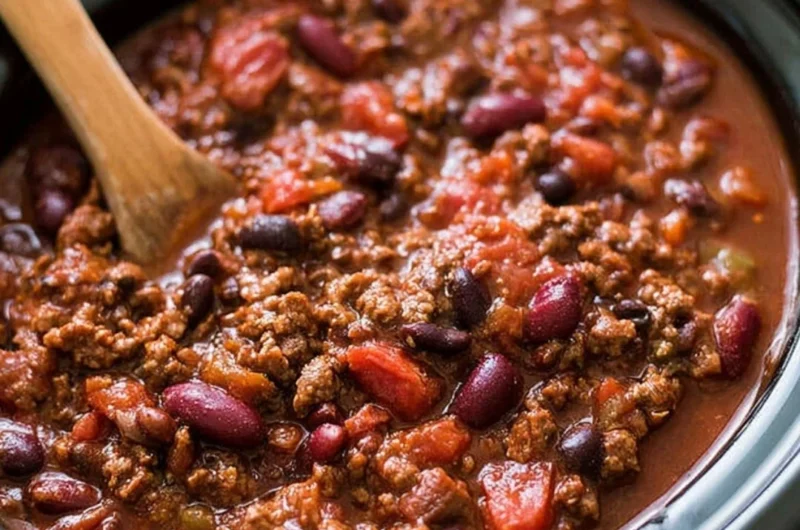 Bowl of easy slow cooker chili with beans and vegetables