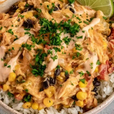 A vibrant plate of Fiesta Chicken garnished with fresh vegetables and spices.