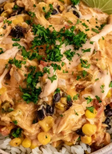 A vibrant plate of Fiesta Chicken garnished with fresh vegetables and spices.