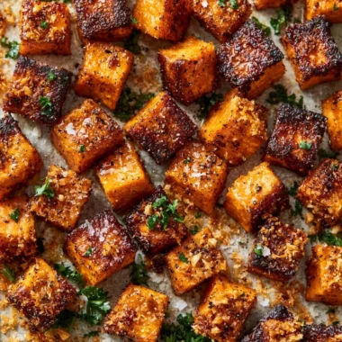 Bowl of Garlic Parmesan Roasted Sweet Potatoes garnished with herbs