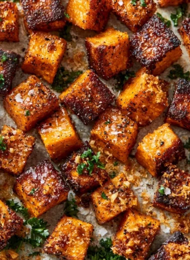 Bowl of Garlic Parmesan Roasted Sweet Potatoes garnished with herbs