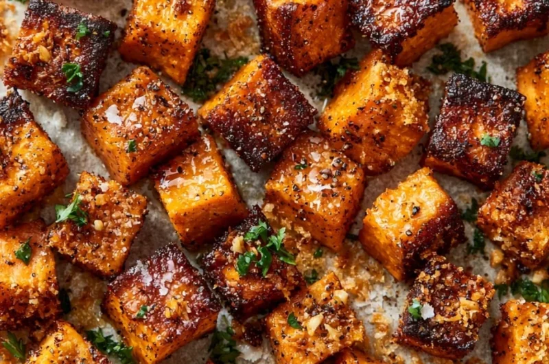 Bowl of Garlic Parmesan Roasted Sweet Potatoes garnished with herbs