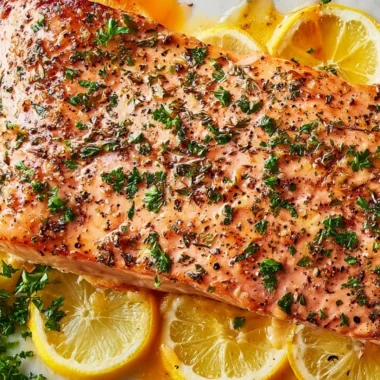 Healthy baked salmon in foil served with vegetables on a plate.