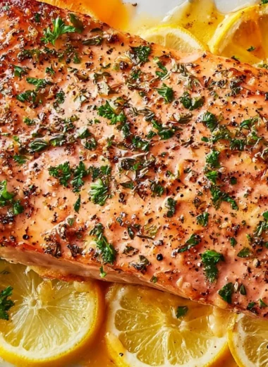 Healthy baked salmon in foil served with vegetables on a plate.