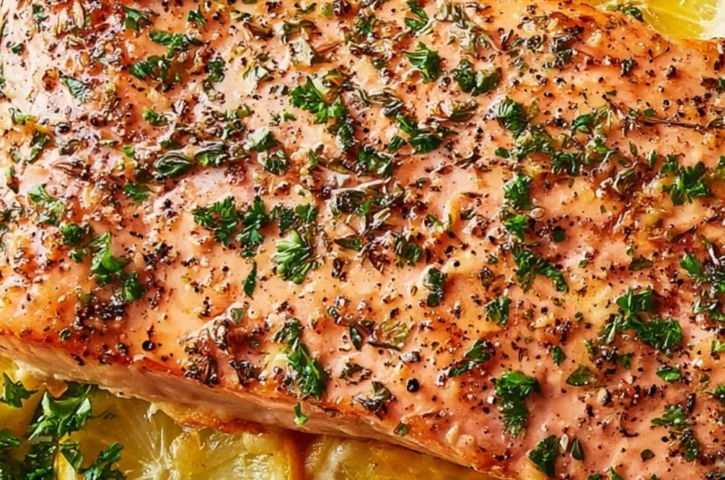 Healthy baked salmon in foil served with vegetables on a plate.