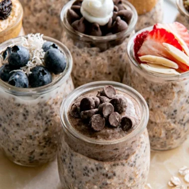 High-Protein Overnight Oats in a jar with fresh fruits and nuts