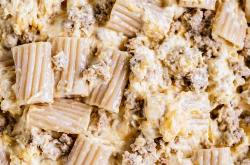 A creamy bowl of homemade cheeseburger pasta topped with cheese and herbs.
