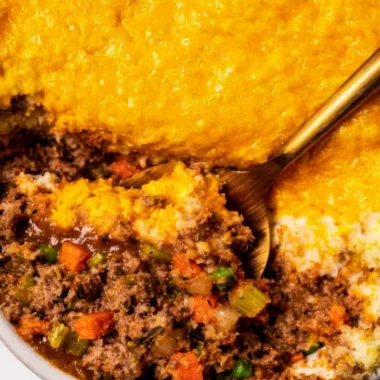 Delicious homemade Shepherd's Pie topped with golden mashed potatoes.