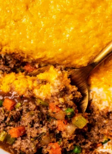 Delicious homemade Shepherd's Pie topped with golden mashed potatoes.