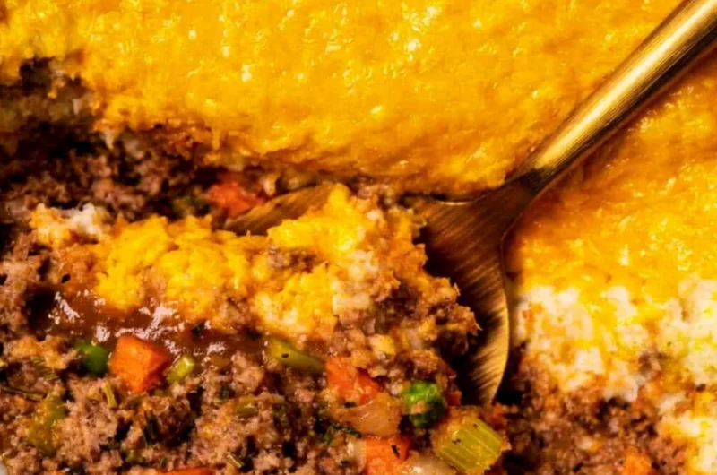 Delicious homemade Shepherd's Pie topped with golden mashed potatoes.