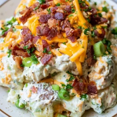 Delicious loaded baked potato salad in a serving bowl