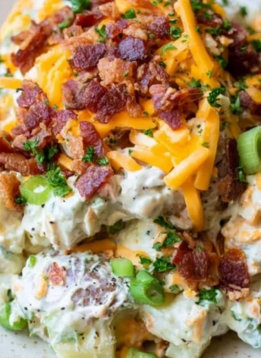 Delicious loaded baked potato salad in a serving bowl