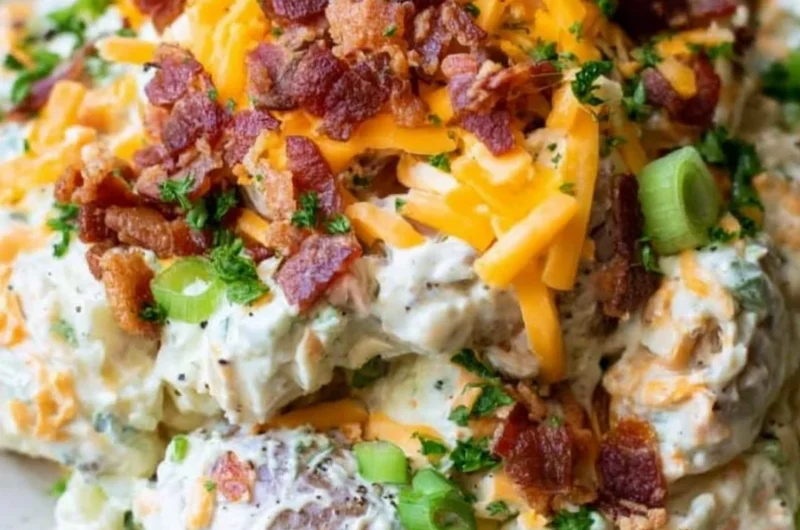 Delicious loaded baked potato salad in a serving bowl