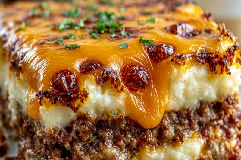 Delicious meatloaf served with mashed potatoes and melted cheese
