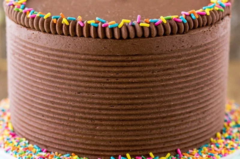 Moist yellow cake topped with creamy chocolate frosting on a white plate.