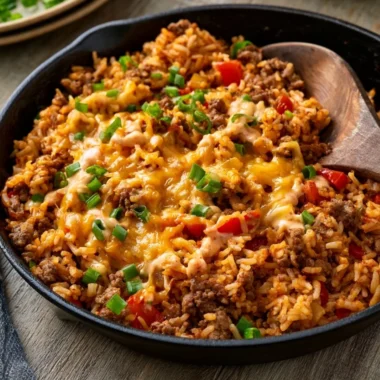 One Pot Cheesy Cajun Beef Rice dish with beef, rice, and cheese in a skillet