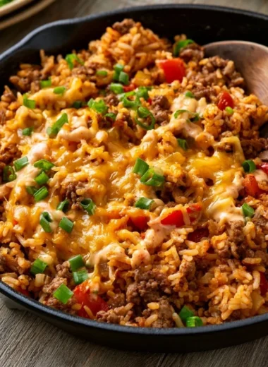 One Pot Cheesy Cajun Beef Rice dish with beef, rice, and cheese in a skillet