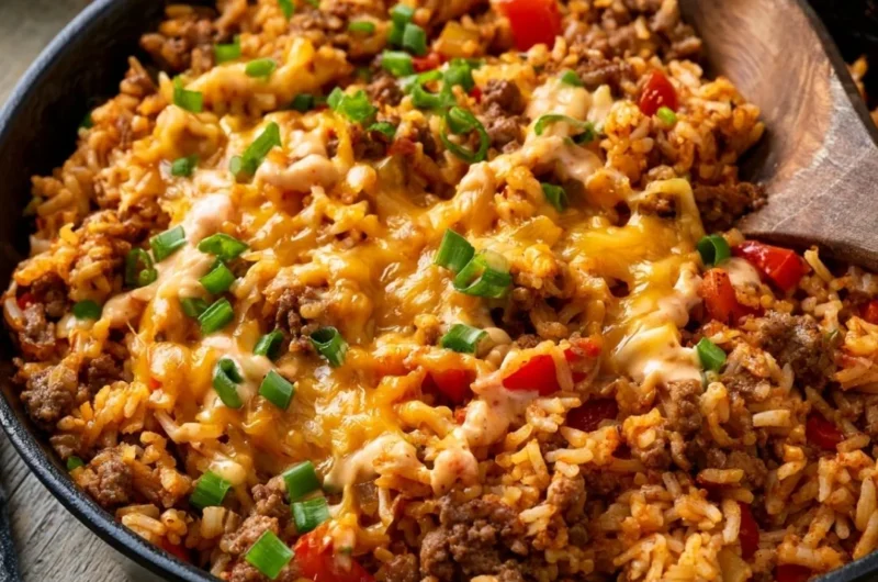 One Pot Cheesy Cajun Beef Rice dish with beef, rice, and cheese in a skillet