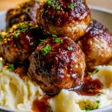 Delicious Salisbury steak meatballs served with garlic herb mashed potatoes
