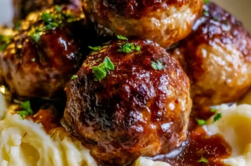 Delicious Salisbury steak meatballs served with garlic herb mashed potatoes
