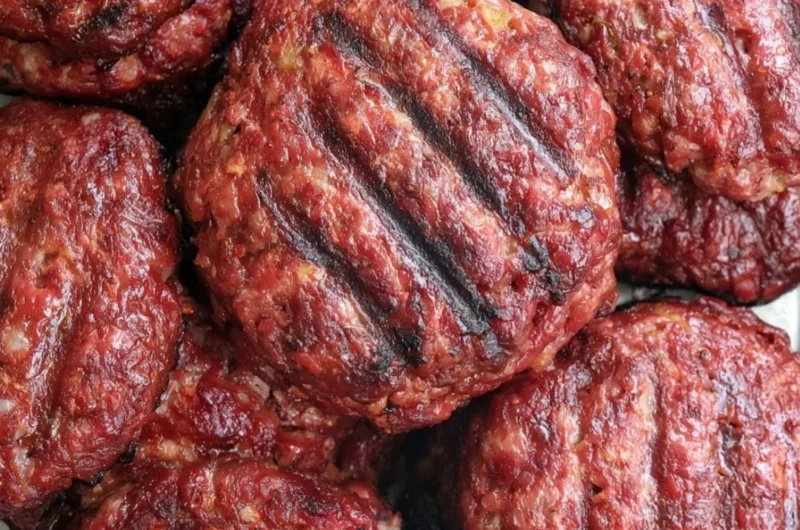 Delicious homemade smoked burgers on a grill, showcasing juicy patties and toppings.