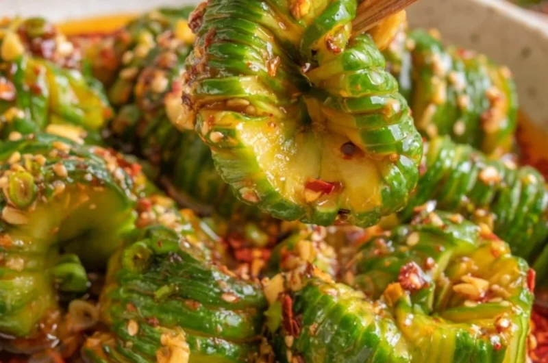Bowl of spicy Asian cucumber salad with vibrant vegetables and herbs