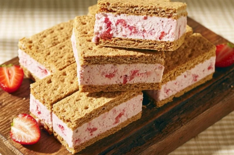 Homemade strawberry ice cream sandwiches on a plate