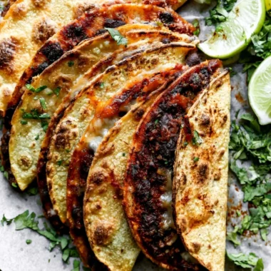 Plate of crispy black bean tacos topped with cilantro lime sauce