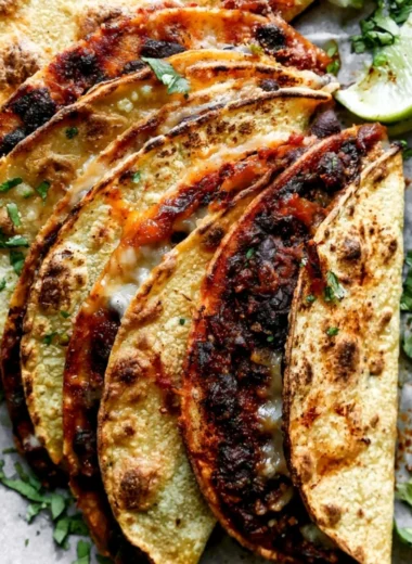 Plate of crispy black bean tacos topped with cilantro lime sauce