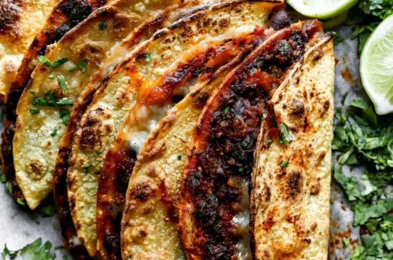 Plate of crispy black bean tacos topped with cilantro lime sauce