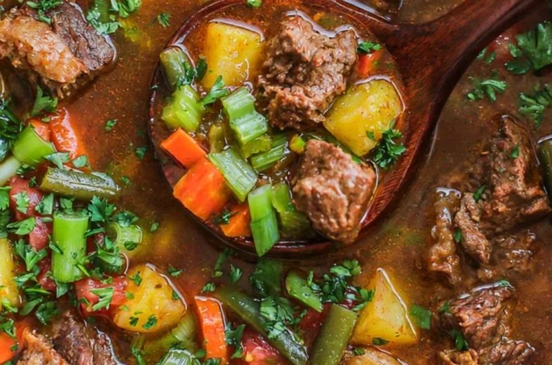 Delicious Vegetable Beef Soup with fresh vegetables and tender beef chunks