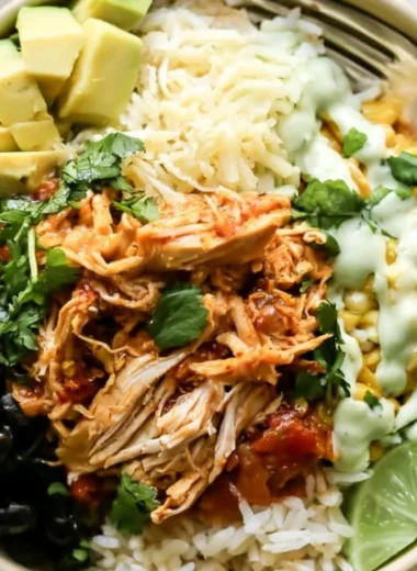 Delicious chicken burrito bowl topped with fresh ingredients and spices