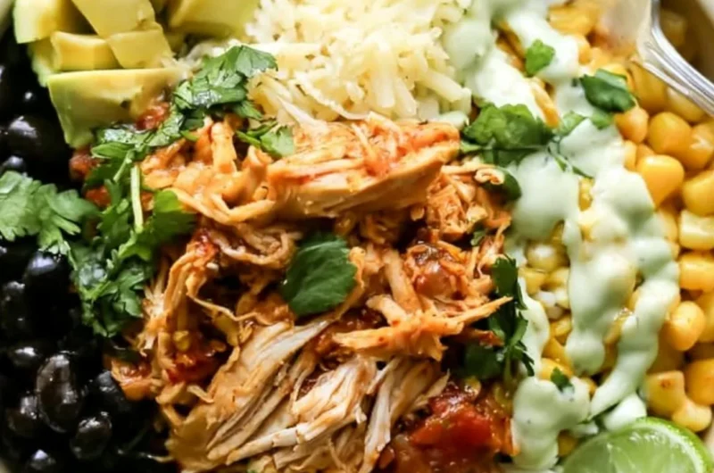 Delicious chicken burrito bowl topped with fresh ingredients and spices