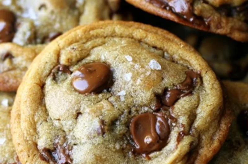 Golden brown butter chocolate chip cookies on a festive plate