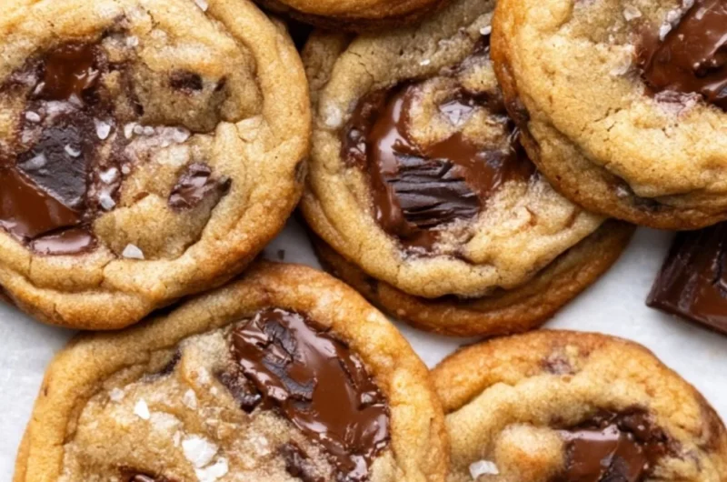 Delicious brown butter chocolate chip cookies on a rustic wooden surface.