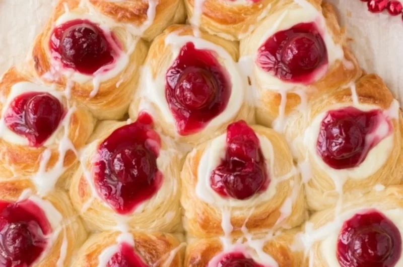 Christmas Tree Danish topped with cream cheese glaze on a festive plate