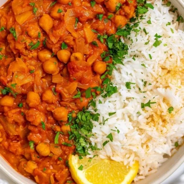 Cozy chickpea masala dish served in a bowl with spices and herbs