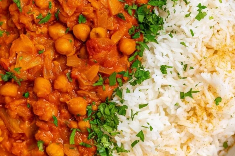 Cozy chickpea masala dish served in a bowl with spices and herbs