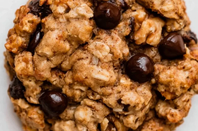 Cozy chocolate chip banana oatmeal cookies on a wooden table