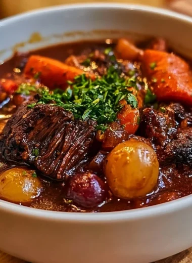 A delicious bowl of cozy French beef stew filled with tender meat and vegetables.