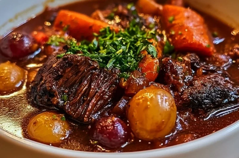 A delicious bowl of cozy French beef stew filled with tender meat and vegetables.