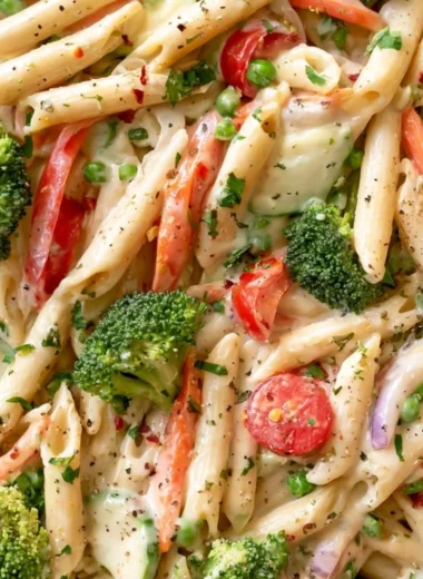 Creamy spring pasta with fresh vegetables in a cozy garden setting.