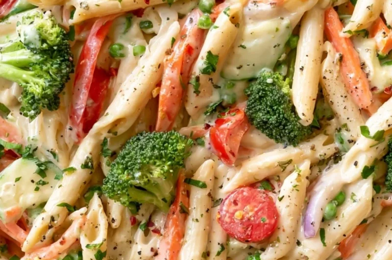 Creamy spring pasta with fresh vegetables in a cozy garden setting.