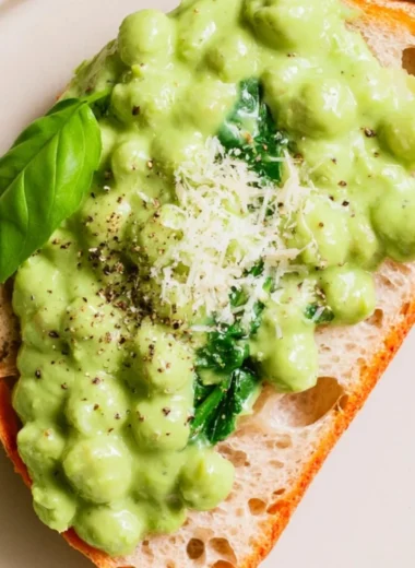 Creamy high protein pesto chickpeas dish served in a bowl