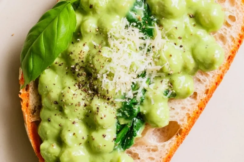 Creamy high protein pesto chickpeas dish served in a bowl