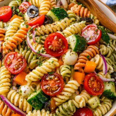 Colorful Italian Pasta Salad with vegetables and dressing in a bowl