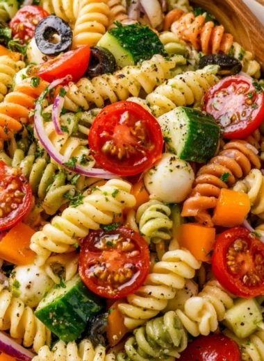 Colorful Italian Pasta Salad with vegetables and dressing in a bowl
