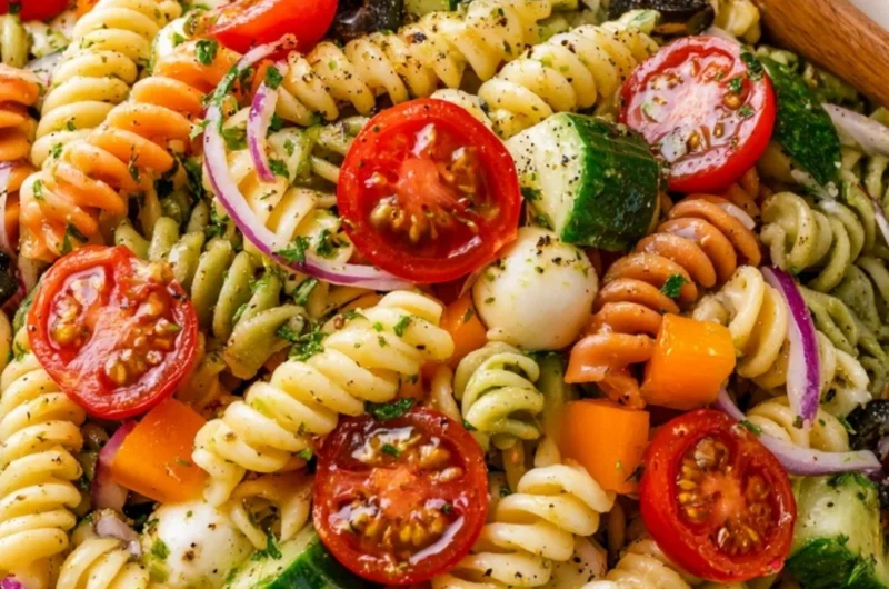 Colorful Italian Pasta Salad with vegetables and dressing in a bowl