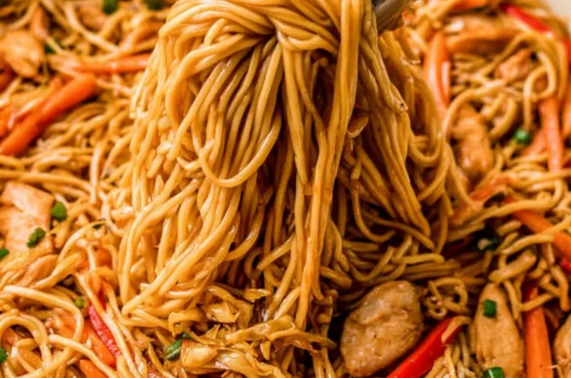Delicious homemade chicken lo mein served in a bowl