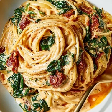 Bowl of quick spinach spaghetti with sundried tomatoes served on a blue plate
